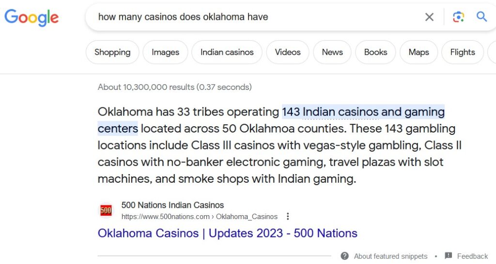 Google: How many casinos does Oklahoma have?